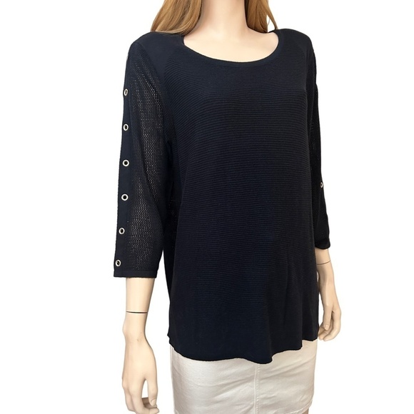 TRIBAL Sweater Tunic Pullover Top Silver Grommets ΒΎ Sleeve Hi Low Chiffon Panels - Picture 8 of 15